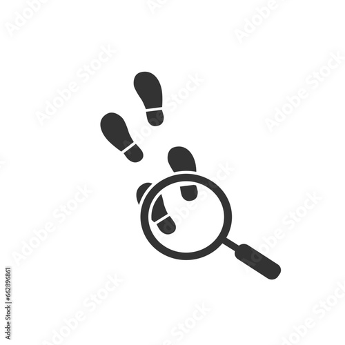 Magnifying glass over the footprints icon flat vector