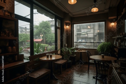 An intimate coffee spot on a rainy day, fogged windows, mellow jazz vibes, and the aroma of brewed coffee. Generative AI © Kato