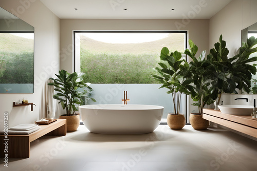 A sleek and minimalist bathroom with a standalone bathtub and shower design