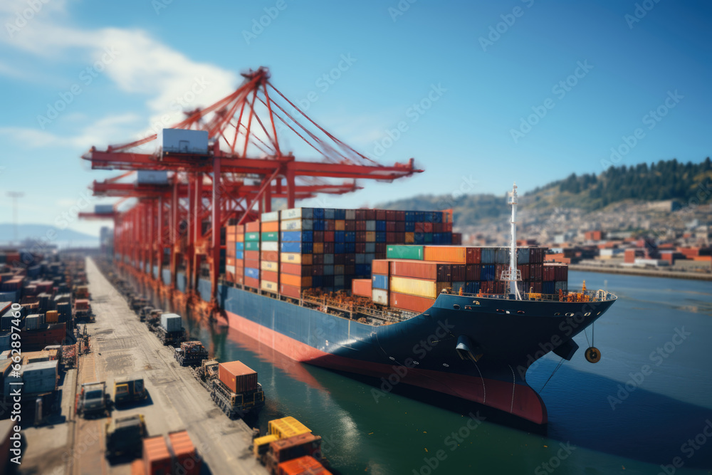 Fototapeta premium A shipping container being loaded onto a cargo ship at a bustling international port, illustrating the logistics of global trade. Concept of international shipping. Generative Ai.