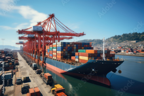 A shipping container being loaded onto a cargo ship at a bustling international port, illustrating the logistics of global trade. Concept of international shipping. Generative Ai.