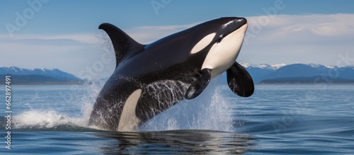 J19 Shachi an endangered killer whale from J Pod breaches in Strait of Juan de Fuca between Washington and British Columbia Canada With copyspace for text