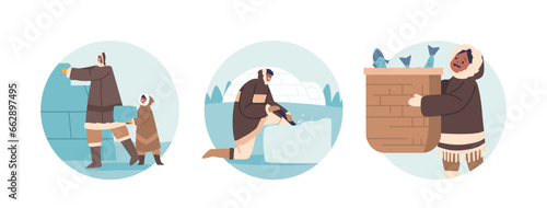 Isolated Round Icons Or Avatars Of Eskimo Characters Construct Igloos, Using Snow Blocks, To Create Shelter And Fishing