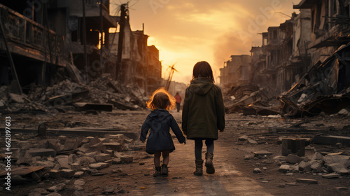 Two girls walk in the destroyed city. Problems after the war.