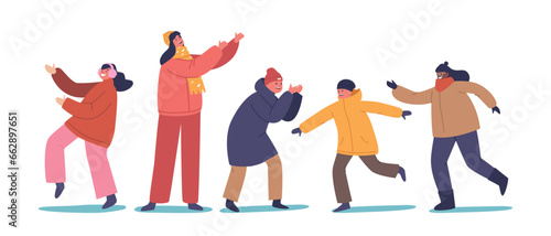 Children Characters Bundled Up In Cozy Winter Clothes, Adorned With Colorful Scarves, Mittens, And Warm Hats
