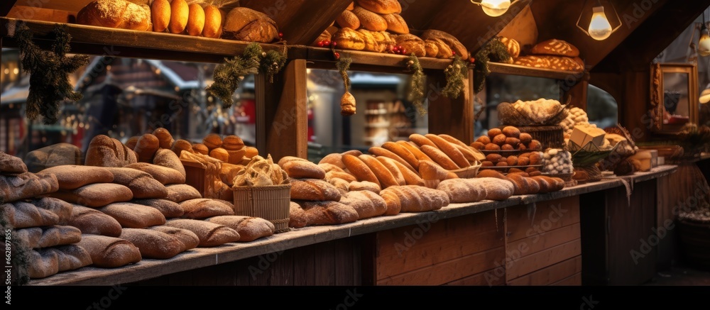 Bread on display in a Christmas market in Stockholm With copyspace for text