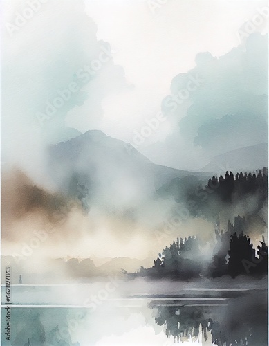 watercolor foggy lake
