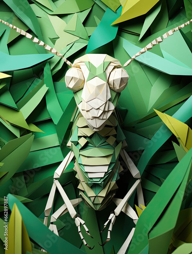female orchid mantis magazine cover with green leaves, in the style of sketchfab, paper sculptures, gr é goire guillemin, animated mosaics photo
