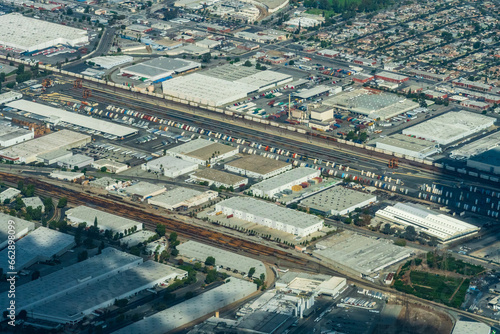 Aerial view of Los Angeles featuring the city of Commerce, Vernon and the BNSF - Hobart Intermodal Freight Transport Train hub  photo