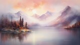  a painting of a mountain lake with trees in the foreground.  generative ai