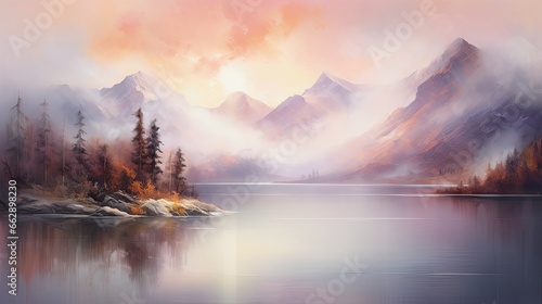  a painting of a mountain lake with trees in the foreground. generative ai
