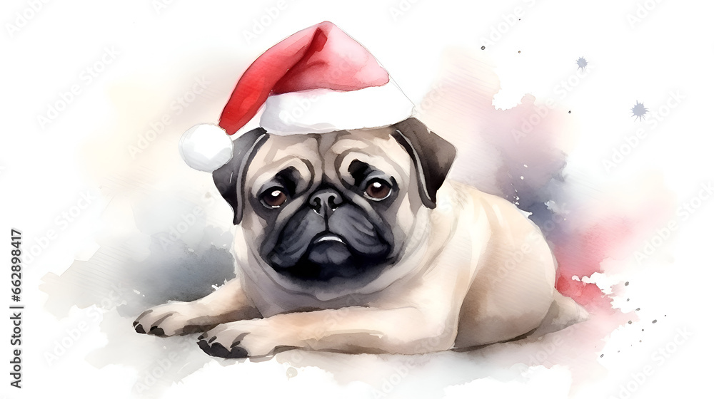 cute watercolor illustration of a beige pug wearing a Santa hat. Ideal for Christmas themed projects