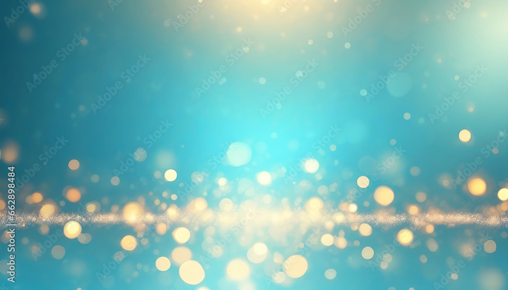 Abstract light blue blurred background with beautiful lighting spots and reflections.