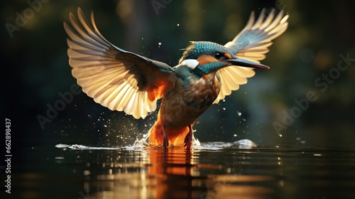  a colorful bird with its wings spread out in the water. generative ai