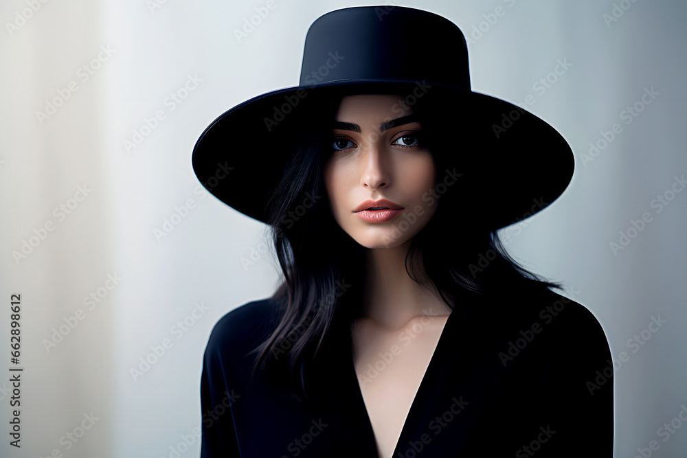 Portrait of stylish young woman model dressed in black dress and ladies hat with huge brim against white wall Portrait of stylish young woman model dressed in black dress and ladies hat with huge brim against white wall