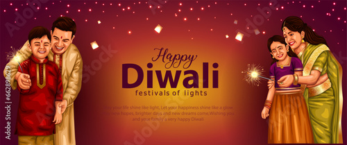 Indian festival of lights Happy Diwali with happy family, holiday Background, Diwali celebration greeting card, vector illustration design.
