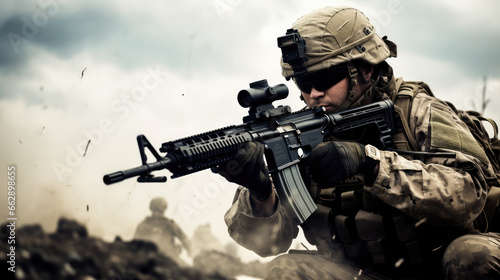 Soldier with assault rifle in action. Special forces soldier in action