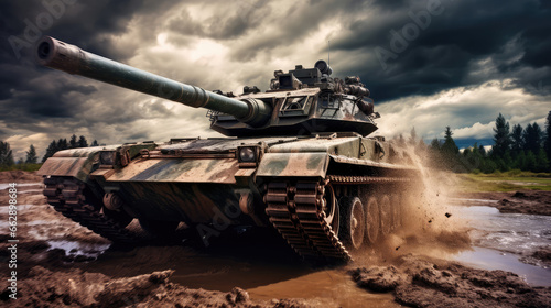 Heavy tank in the mud against stormy sky.