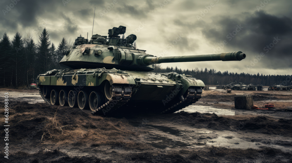 Military tank on the battlefield in stormy weather. Military tank on the battlefield in stormy weather.