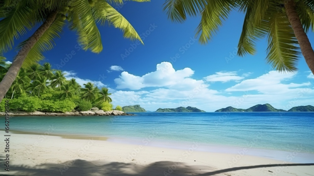 A scenic view of a tropical beach framed by palm fronds, creating a serene and idyllic setting.