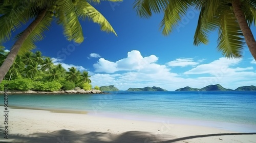 A scenic view of a tropical beach framed by palm fronds  creating a serene and idyllic setting.