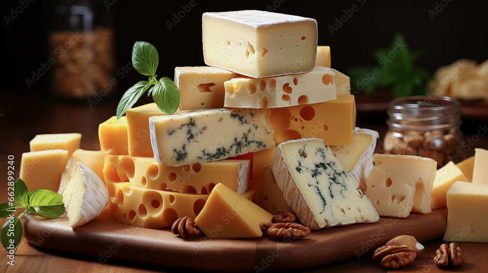Different types of cheese on wooden table, closeup. Dairy products. Generative AI technology.