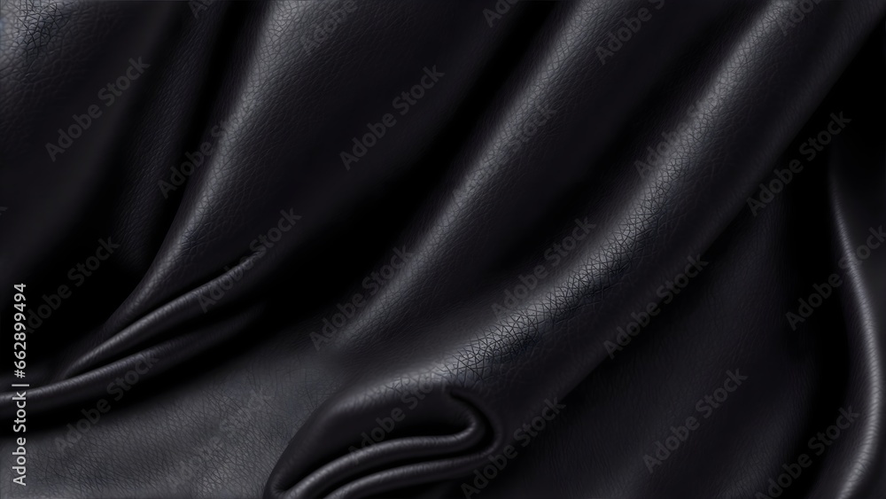 Black Leather Wavy Background. Empty Mockup with Copy Space Close Up. Elegant Black Leather Texture.