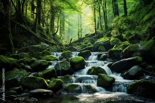 Scenic cascade amidst lush woods. Generative AI