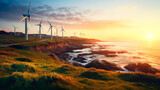 wind turbines along a picturesque coastline at sunset 