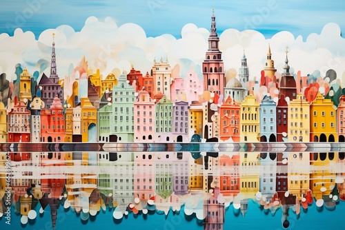 Artwork: colorful paper collage, representing Poland as a travel panoramic background. Generative AI