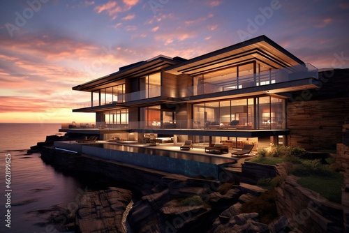 Contemporary beachfront residence overlooking the sea at sunset, nestled on rocky terrain. Generative AI