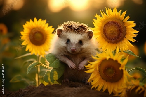 an adorable hedgehog beside a blooming sunflower. Generative AI