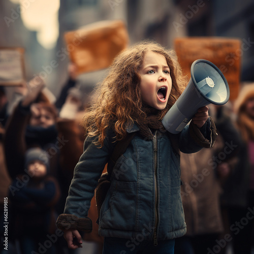 A young girl shouts into a loudspeaker, a protest demonstration, rally, dissatisfied people.