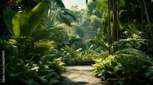 A tranquil garden filled with various tropical plants, showcasing an array of different leaf textures and shades of green.
