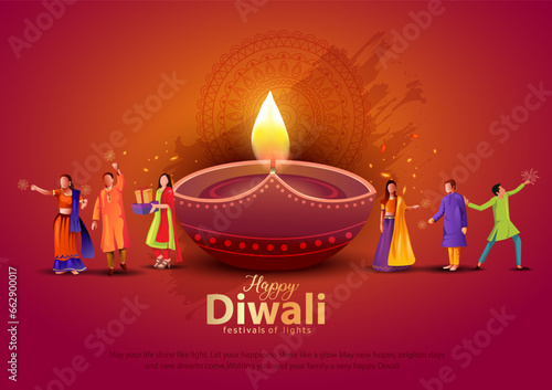 Indian festival of lights Happy Diwali with happy family, holiday Background, Diwali celebration greeting card, vector illustration design.