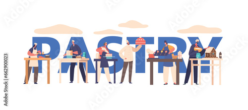 People Bake Pastries Concept. Characters Filling The Air With Delightful Aromas. From Flaky Croissants To Sweet Tarts