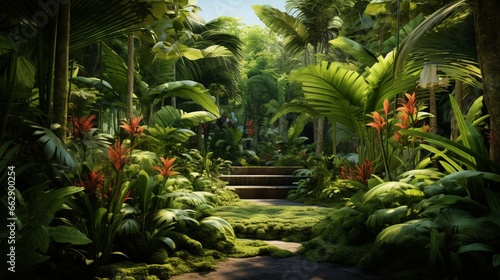 A tranquil garden filled with various tropical plants, showcasing an array of different leaf textures and shades of green.