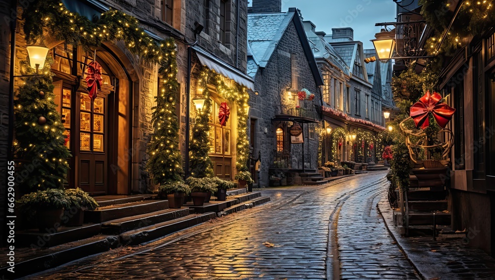 christmas decorations on a cobblestone old town street