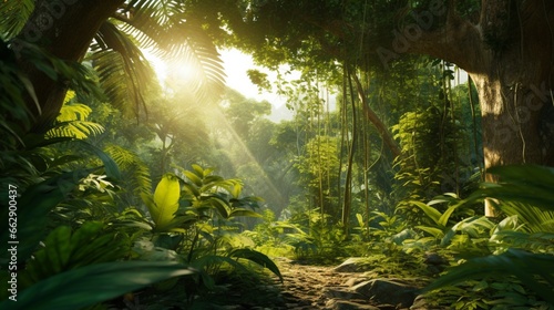 A tropical forest at sunset, with the golden light filtering through a lush canopy of diverse green leaves.