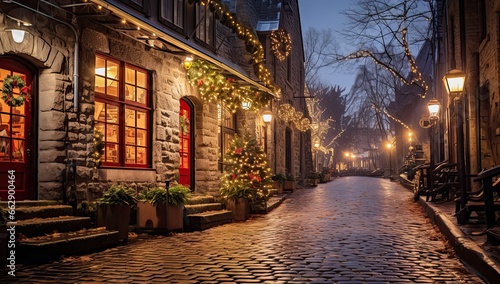 christmas decorations on a cobblestone old town street