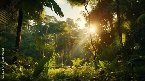 A tropical forest at sunset, with the golden light filtering through a lush canopy of diverse green leaves.