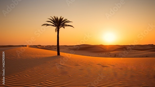  a lone palm tree in the desert at sunset or dawn.  generative ai