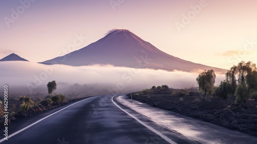  a long road with a mountain in the background and fog in the air. generative ai