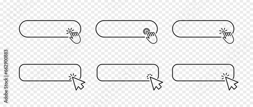 Click here buttons line web icon. Online register bar with mouse cursor and hand pointer clicking. Set for website design. vector illustration.