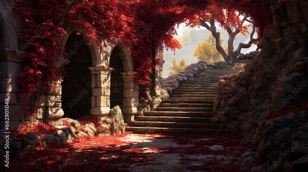 A winding path flanked by wild grape-covered stone walls, their red leaves forming a striking corridor of autumnal splendor.