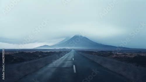  a long empty road with a mountain in the distance and a foggy sky.  generative ai