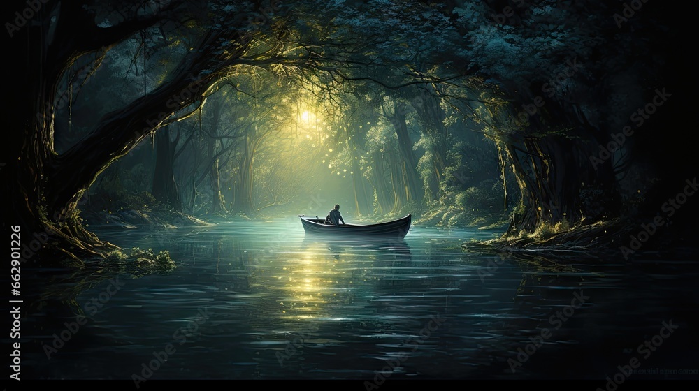  a man in a boat in the middle of a forest.  generative ai