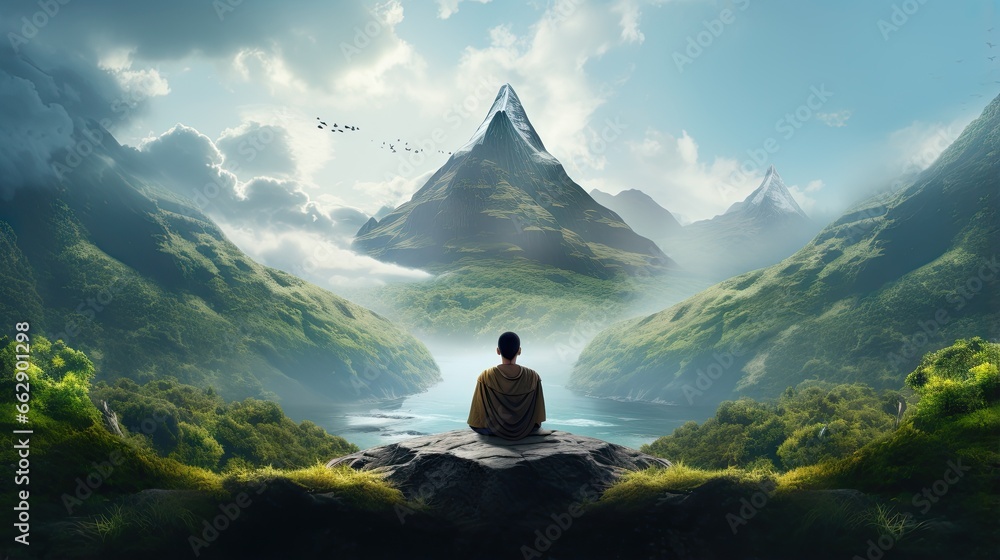  a man sitting on a rock looking at a mountain range.  generative ai - obrazy, fototapety, plakaty 