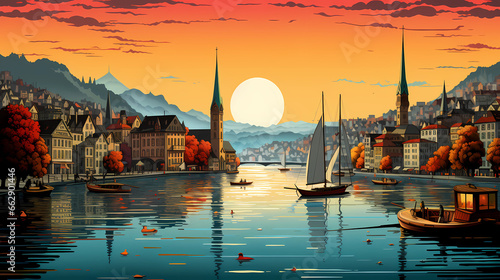 Illustration of beautiful view of the city of Zurich, Switzerland photo