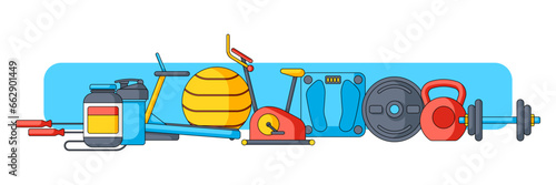 Background with fitness equipment. Sport bodybuilding items illustration.